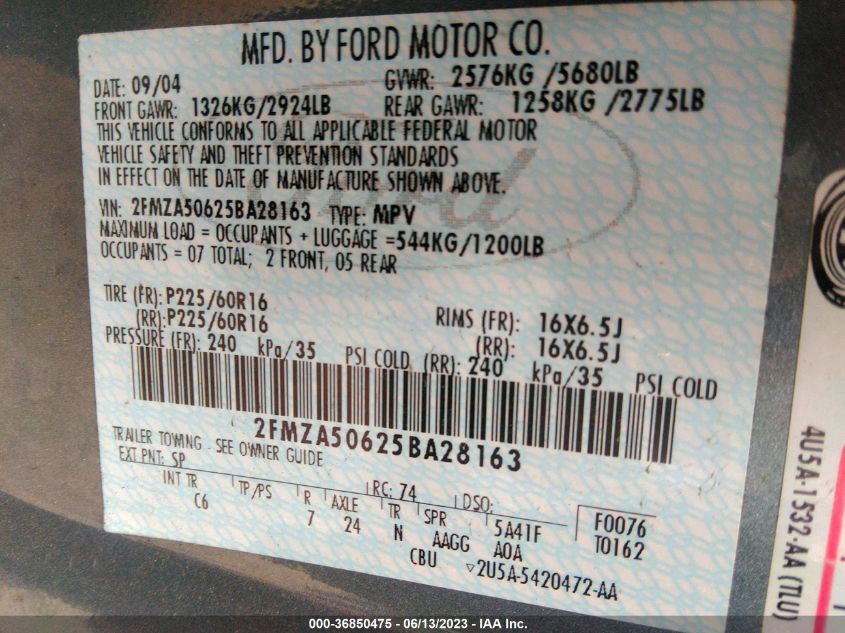 2005 Ford Freestar S VIN: 2FMZA50625BA28163 Lot: 36850475