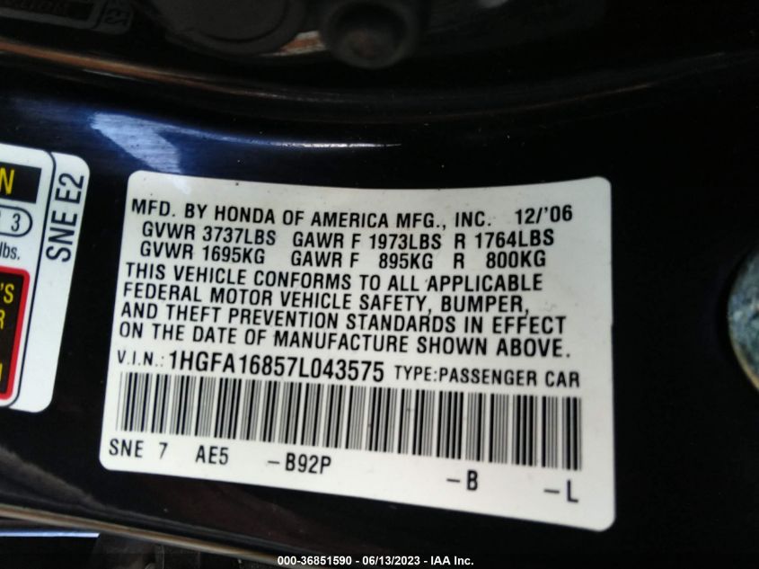 1HGFA16857L043575 2007 Honda Civic Sdn Ex