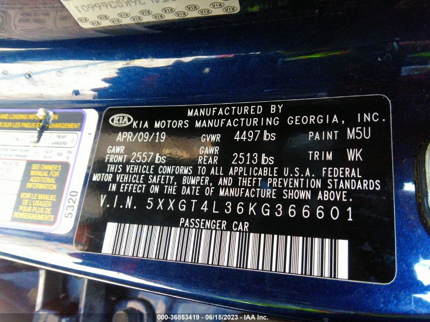 2019 Kia Optima S VIN: 5XXGT4L36KG366601 Lot: 36853419