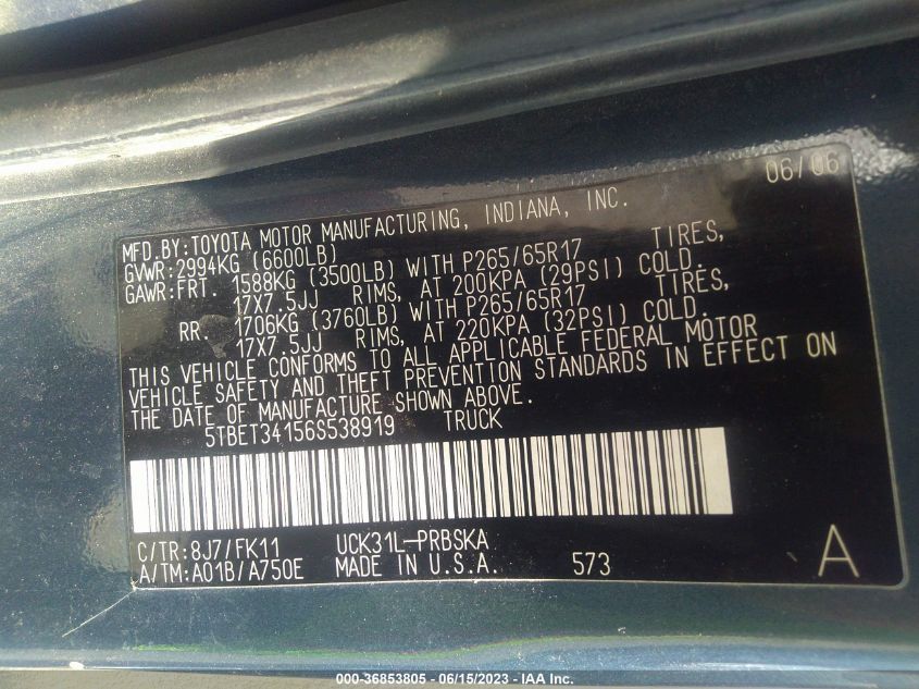 5TBET34156S538919 2006 Toyota Tundra Sr5 V8