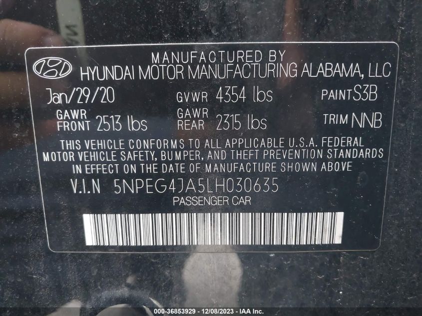 2020 Hyundai Sonata Se VIN: 5NPEG4JA5LH030635 Lot: 36853929