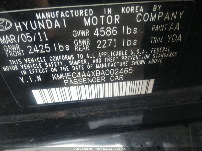 2011 Hyundai Sonata Hybrid VIN: KMHEC4A4XBA002465 Lot: 36856901