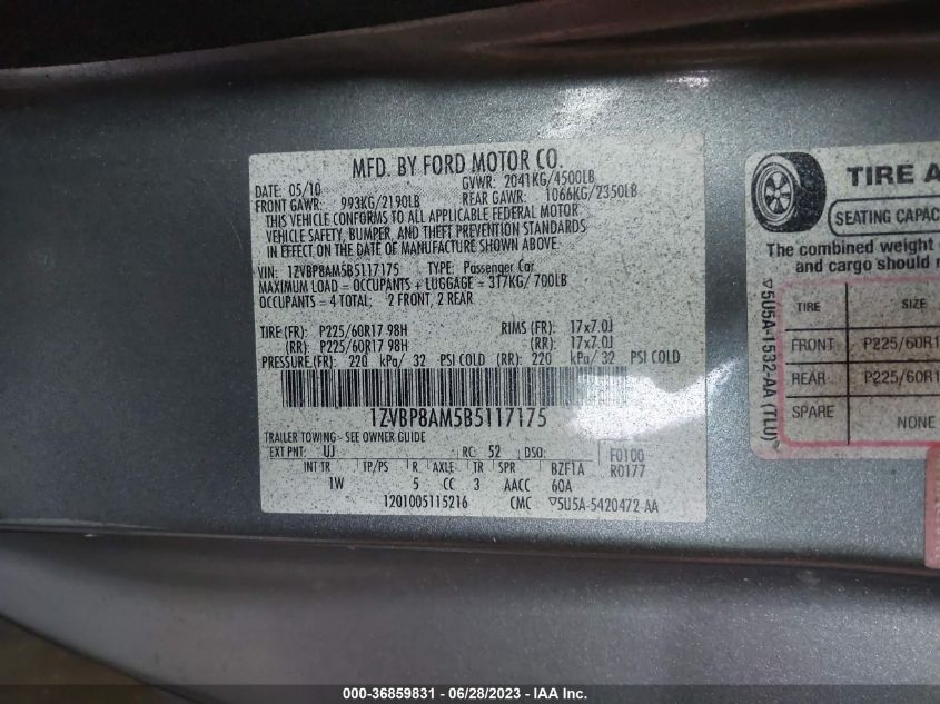 2011 Ford Mustang V6 VIN: 1ZVBP8AM5B5117175 Lot: 36859831