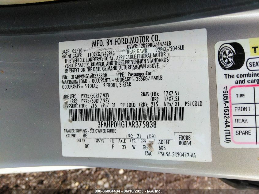 3FAHP0HG1AR375838 2010 Ford Fusion Se