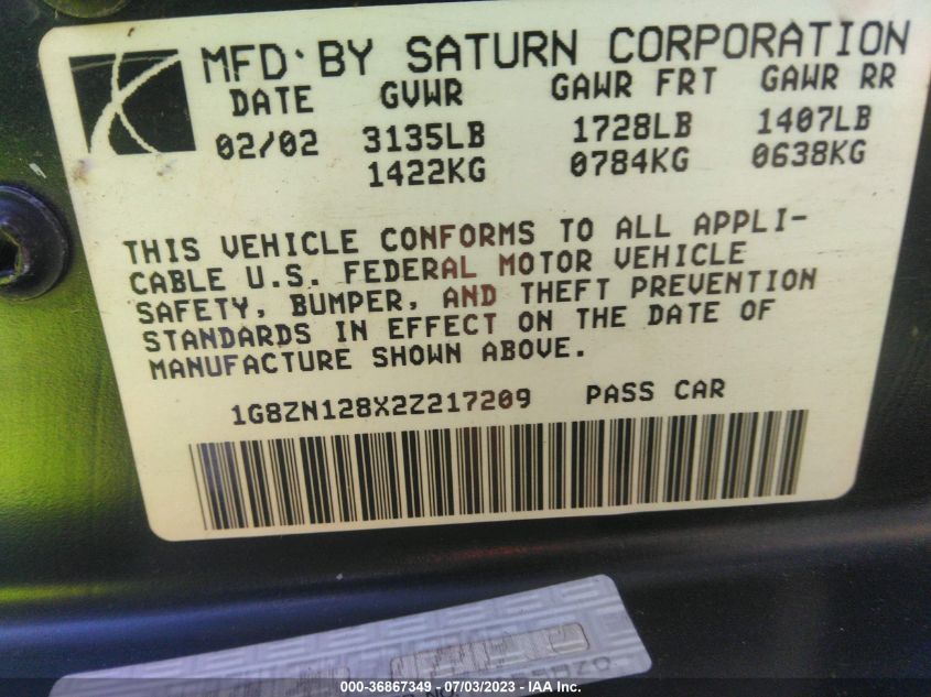2002 Saturn Sc 3Dr Sc1 (M5) VIN: 1G8ZN128X2Z217209 Lot: 36867349