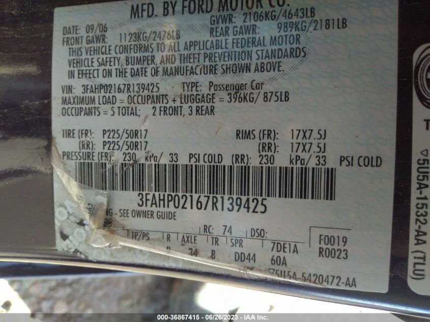 2007 Ford Fusion Sel VIN: 3FAHP02167R139425 Lot: 36867415