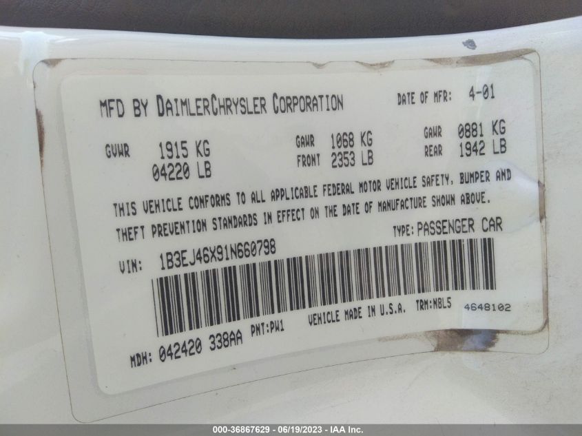 2001 Dodge Stratus Se VIN: 1B3EJ46X91N660798 Lot: 43388493