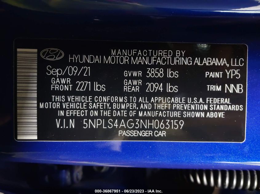 5NPLS4AG3NH063159 2022 Hyundai Elantra Sel