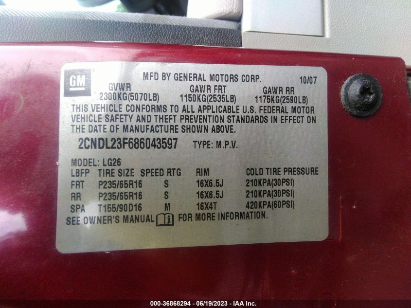 2CNDL23F686043597 2008 Chevrolet Equinox Ls