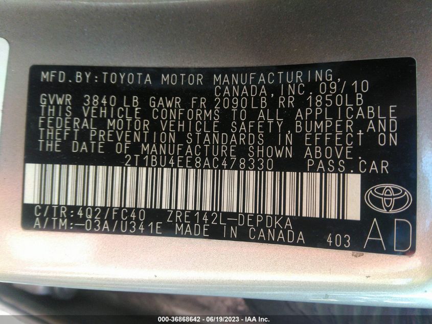 2T1BU4EE8AC478330 2010 Toyota Corolla Le