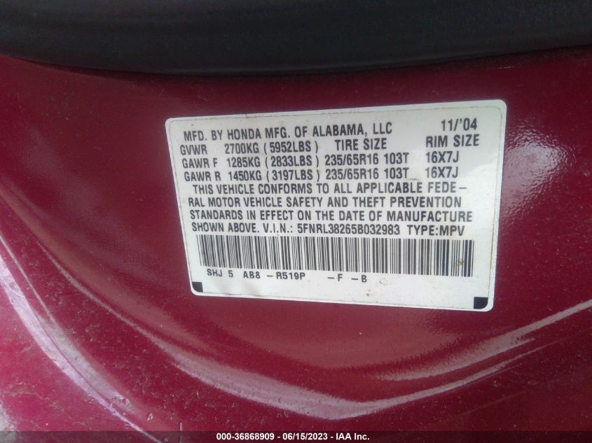 2005 Honda Odyssey Lx VIN: 5FNRL38265B032983 Lot: 36868909