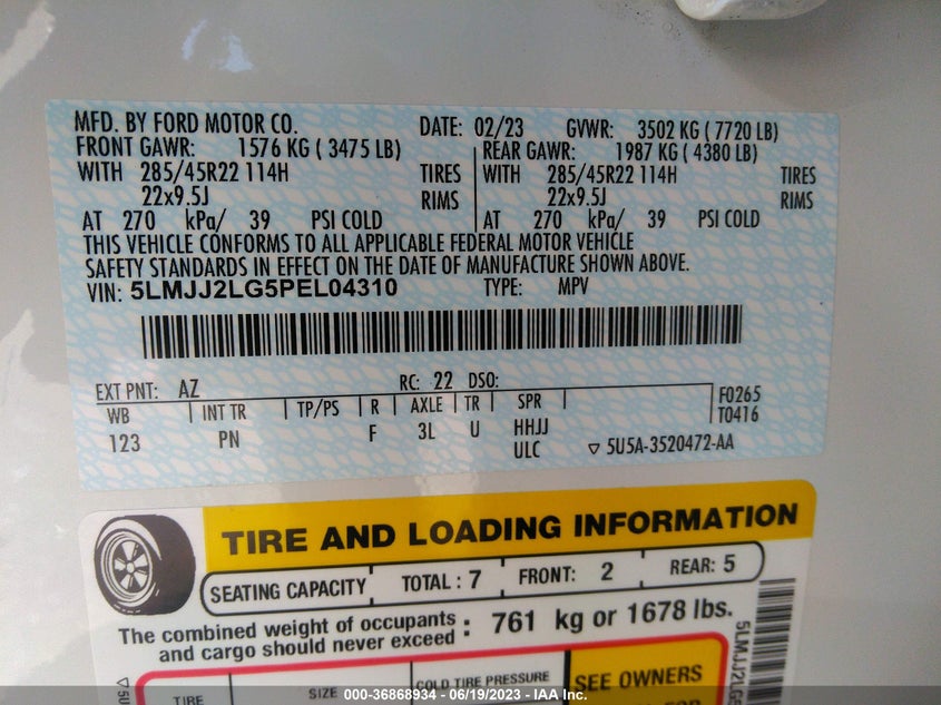 VIN 5LMJJ2LG5PEL04310 2023 LINCOLN NAVIGATOR RESERVE
