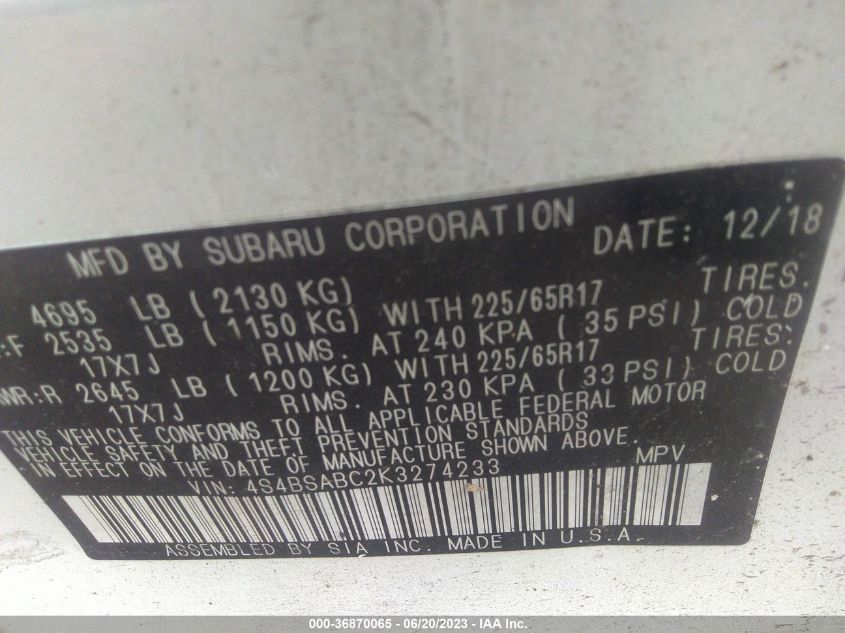 4S4BSABC2K3274233 2019 Subaru Outback