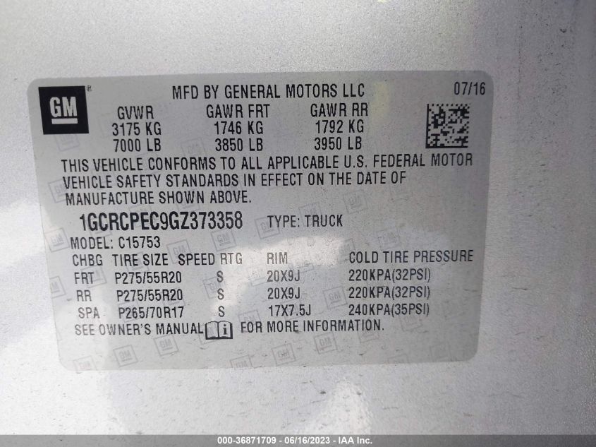 2016 Chevrolet Silverado 1500 Silverado Custom VIN: 1GCRCPEC9GZ373358 Lot: 45716404