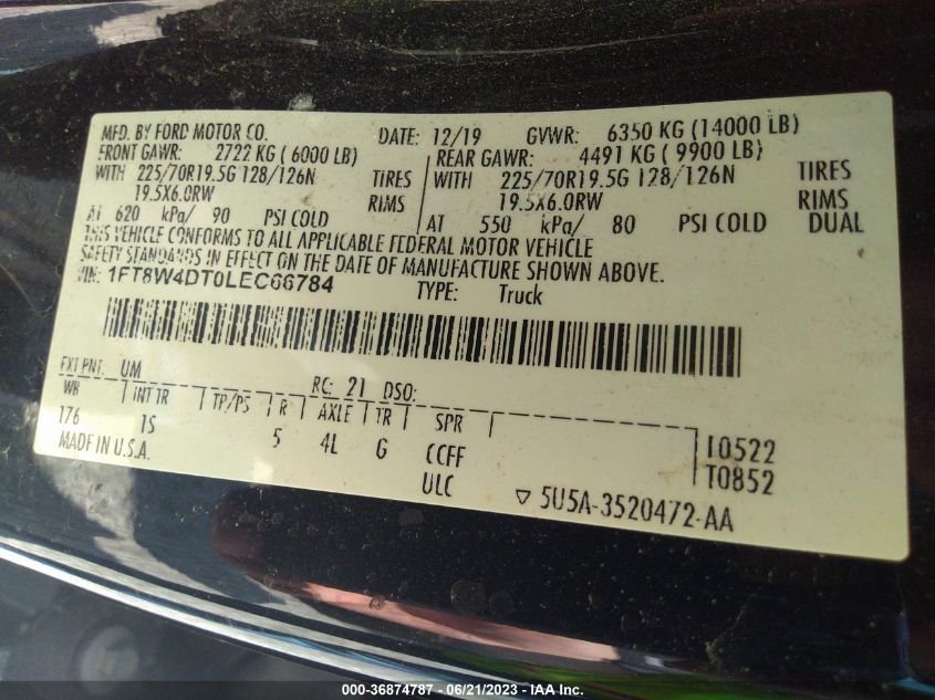 2020 Ford F-450 Xl VIN: 1FT8W4DT0LEC66784 Lot: 36874787