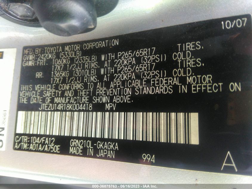 2008 Toyota 4Runner Sr5 V6 VIN: JTEZU14R18K004418 Lot: 36875763