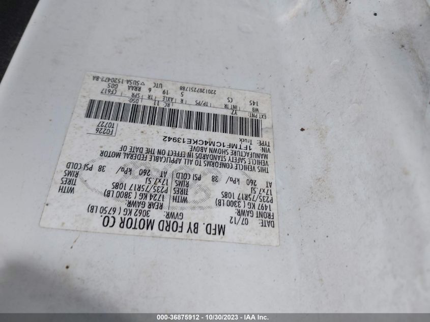 2012 Ford F-150 Xl/Stx/Xlt VIN: 1FTMF1CM4CKE13942 Lot: 36875912