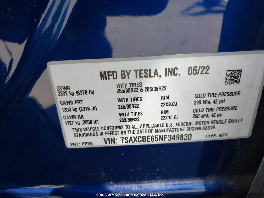 2022 Tesla Model X Plaid Tri Motor All-Wheel Drive VIN: 7SAXCBE65NF349830 Lot: 36879272