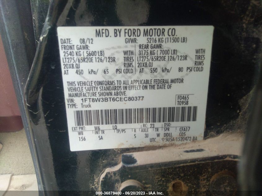 2012 Ford F-350 Lariat VIN: 1FT8W3BT6CEC80377 Lot: 36879400