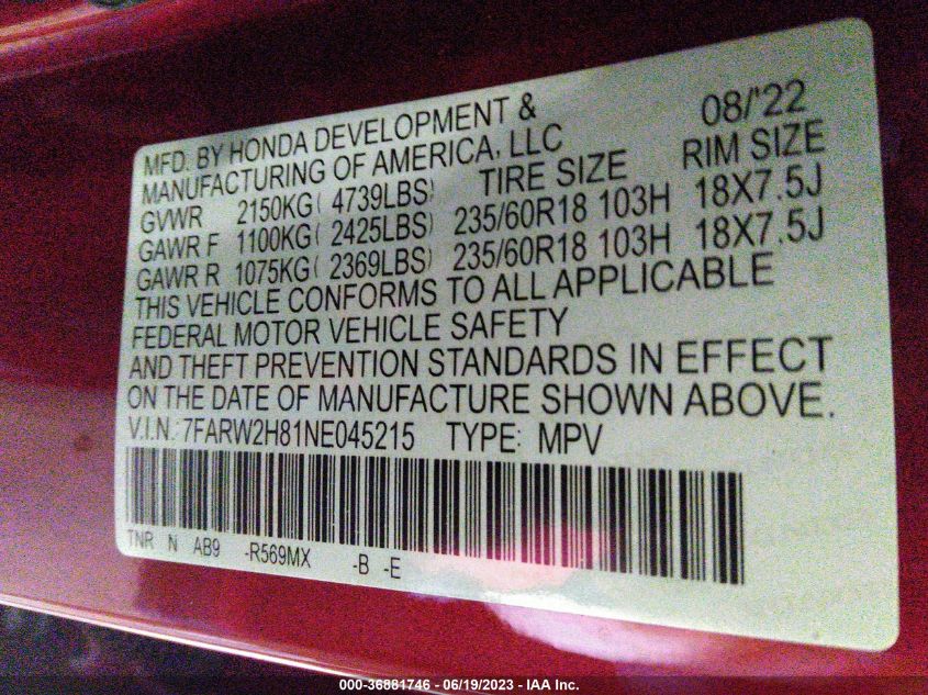 2022 Honda Cr-V Awd Ex-L VIN: 7FARW2H81NE045215 Lot: 36881746