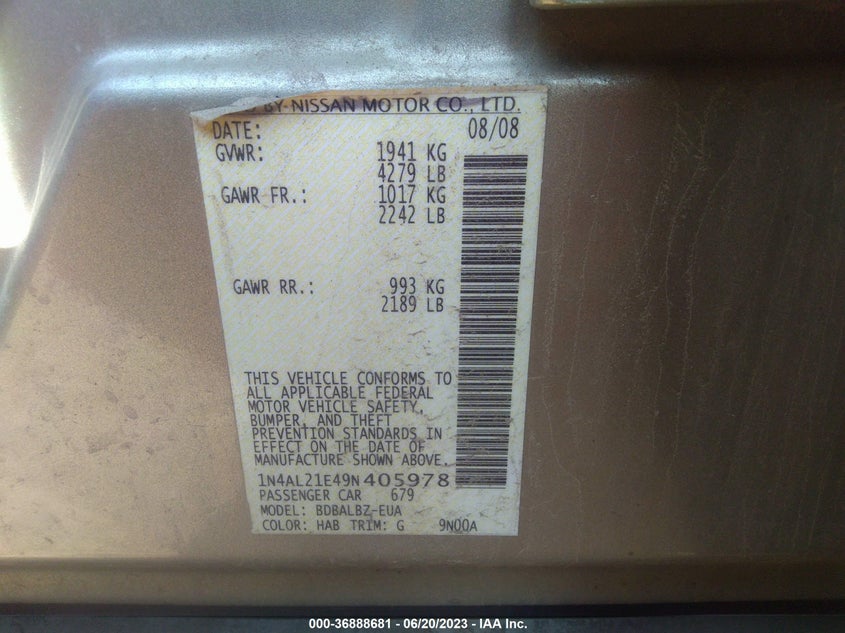 2009 Nissan Altima 2.5 S VIN: 1N4AL21E49N405978 Lot: 36888681