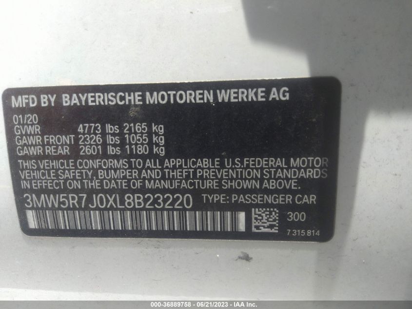 2020 BMW 3 Series 330I xDrive VIN: 3MW5R7J0XL8B23220 Lot: 36889758