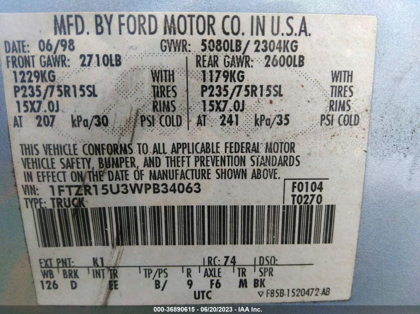 1998 Ford Ranger Xl/Xlt/Splash VIN: 1FTZR15U3WPB34063 Lot: 36890615