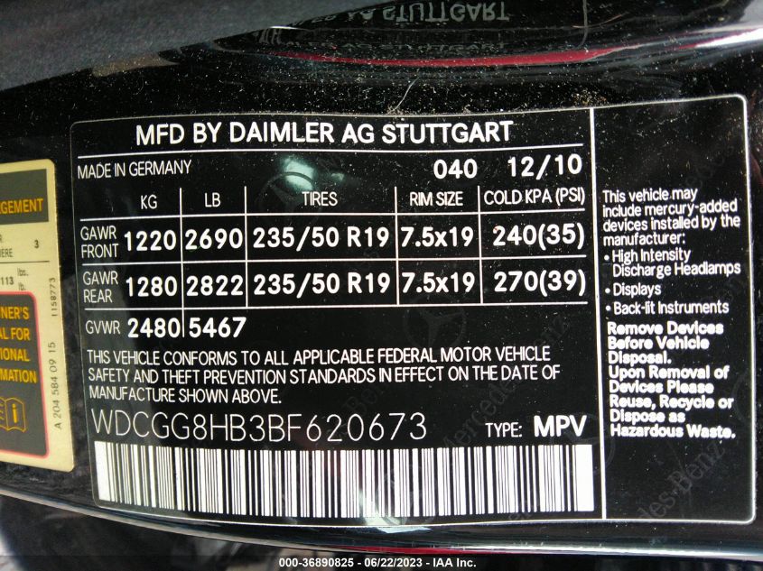 2011 Mercedes-Benz Glk-Class Glk 350 VIN: WDCGG8HB3BF620673 Lot: 36890825