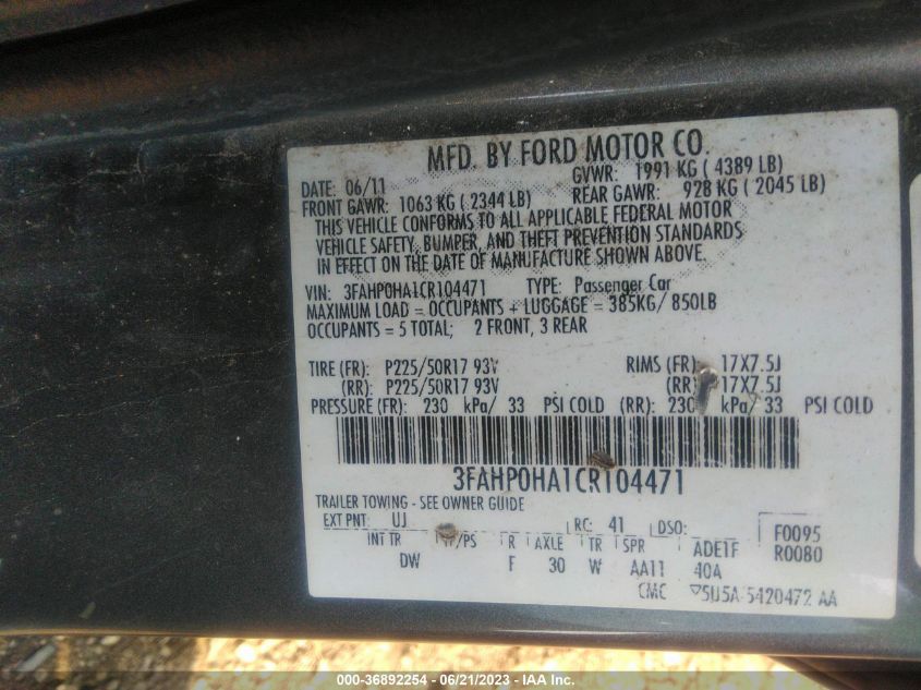 2012 Ford Fusion Se VIN: 3FAHP0HA1CR104471 Lot: 36892254