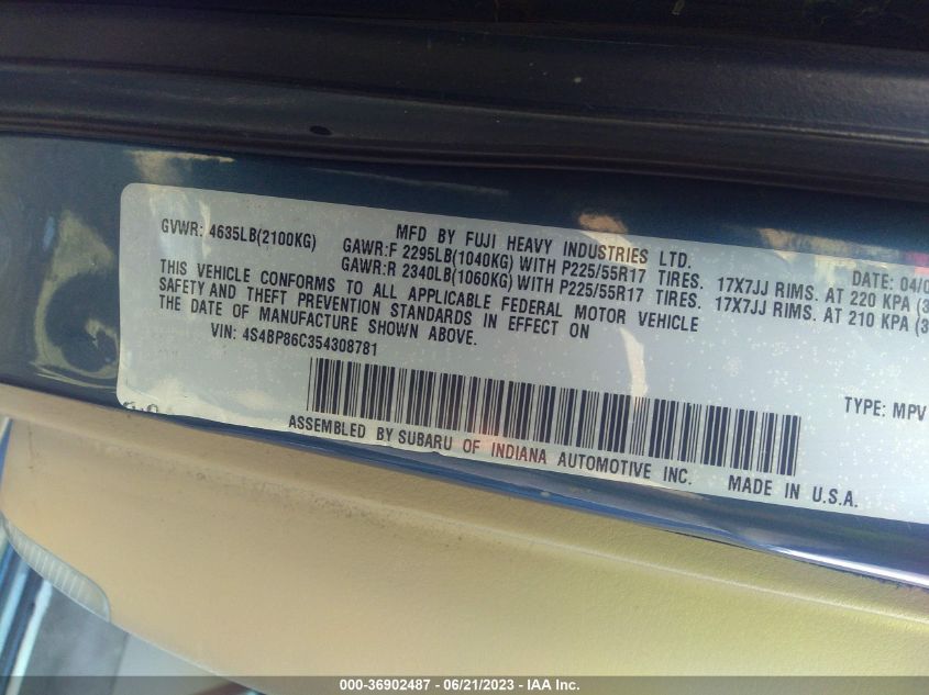 2005 Subaru Outback 3.0R L.l. Bean Edition VIN: 4S4BP86C354308781 Lot: 36902487