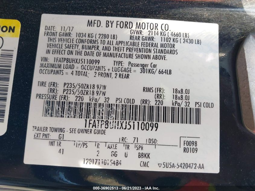 2018 Ford Mustang Ecoboost Premium VIN: 1FATP8UHXJ5110099 Lot: 36902513