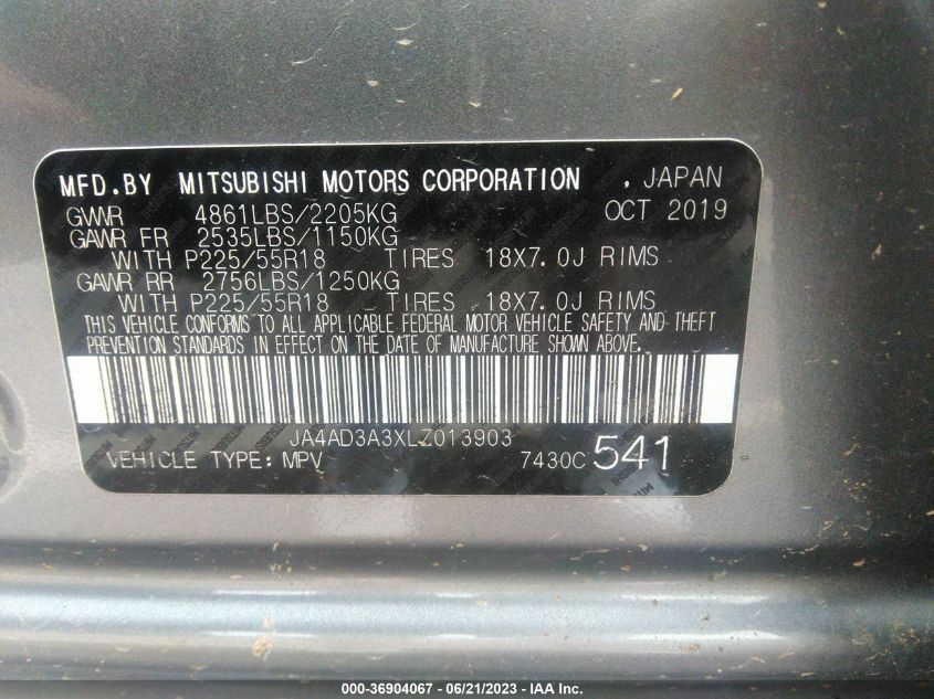 2020 Mitsubishi Outlander Se/Sel/Le/Sp VIN: JA4AD3A3XLZ013903 Lot: 36904067