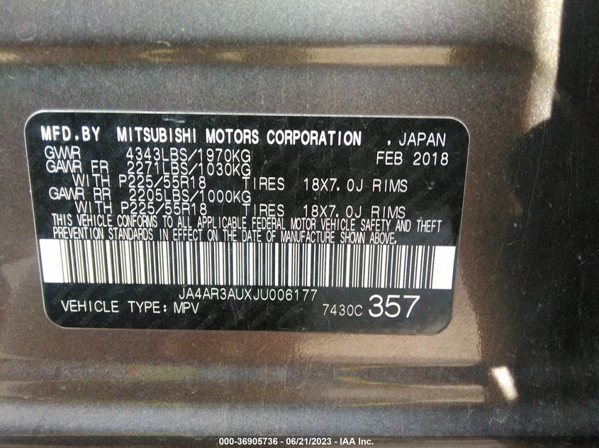 2018 Mitsubishi Outlander Sport 2.0 VIN: JA4AR3AUXJU006177 Lot: 36905736