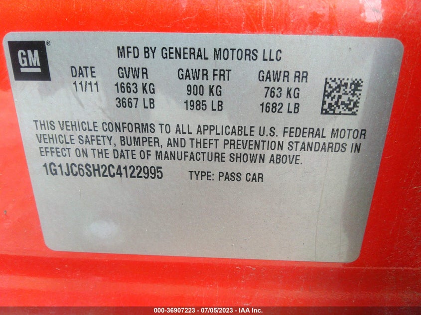 2012 Chevrolet Sonic Lt VIN: 1G1YF2D77G5122087 Lot: 36907223