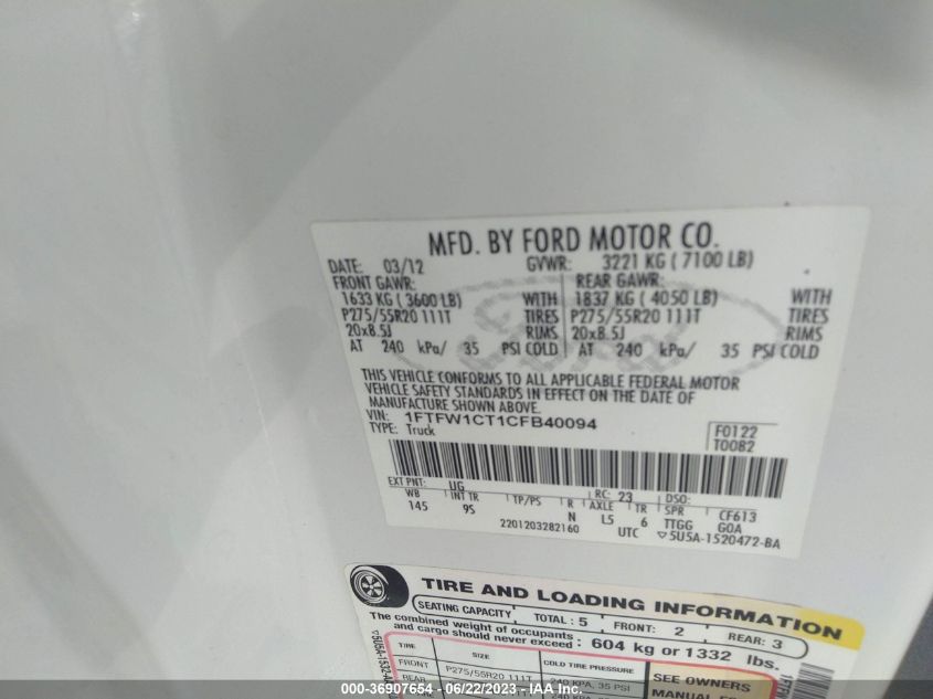 2012 Ford F-150 Xl/Xlt/Fx2/Lariat VIN: 1FTFW1CT1CFB40094 Lot: 38093825