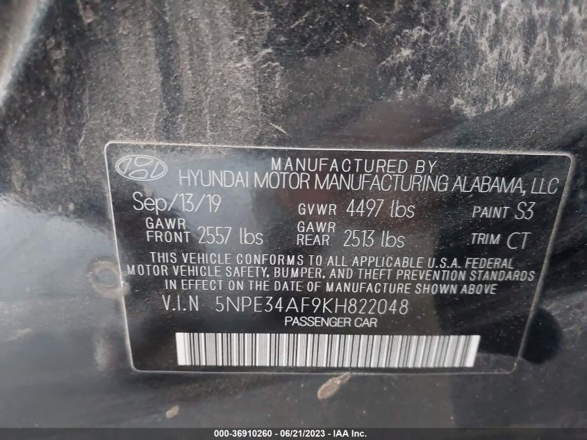 5NPE34AF9KH822048 2019 Hyundai Sonata Sport