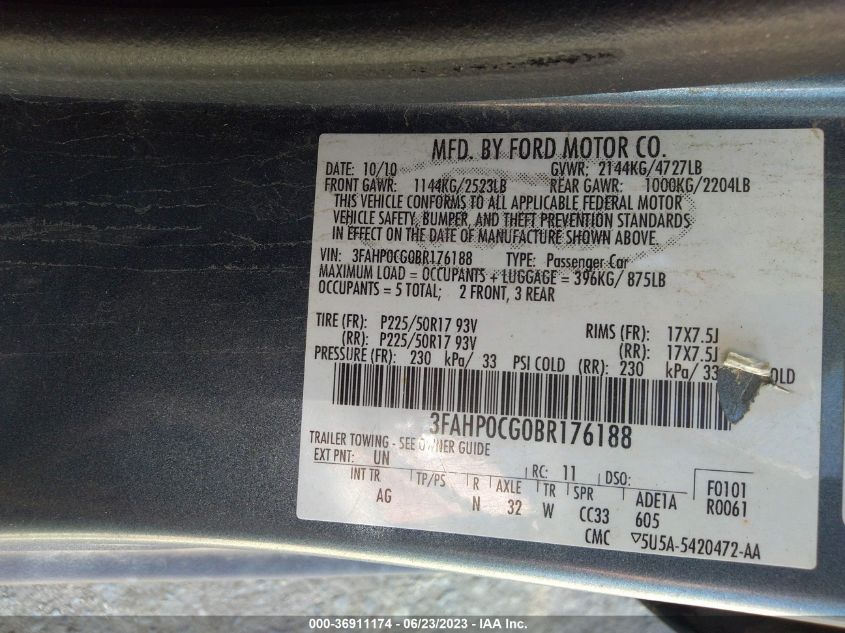 3FAHP0CG0BR176188 2011 Ford Fusion Sel