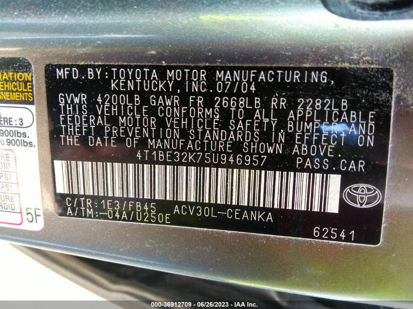 2005 Toyota Camry Le VIN: 4T1BE32K75U946957 Lot: 39714158