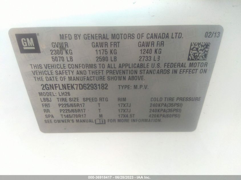 2013 Chevrolet Equinox Lt VIN: 2GNFLNEK7D6293182 Lot: 36918417