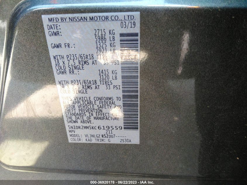 2019 Nissan Pathfinder Sl VIN: 5N1DR2MM5KC619559 Lot: 36920178