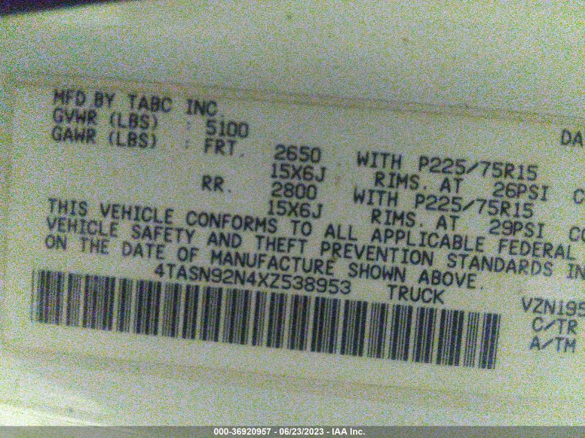 1999 Toyota Tacoma Prerunner V6 VIN: 4TASN92N4XZ538953 Lot: 36920957