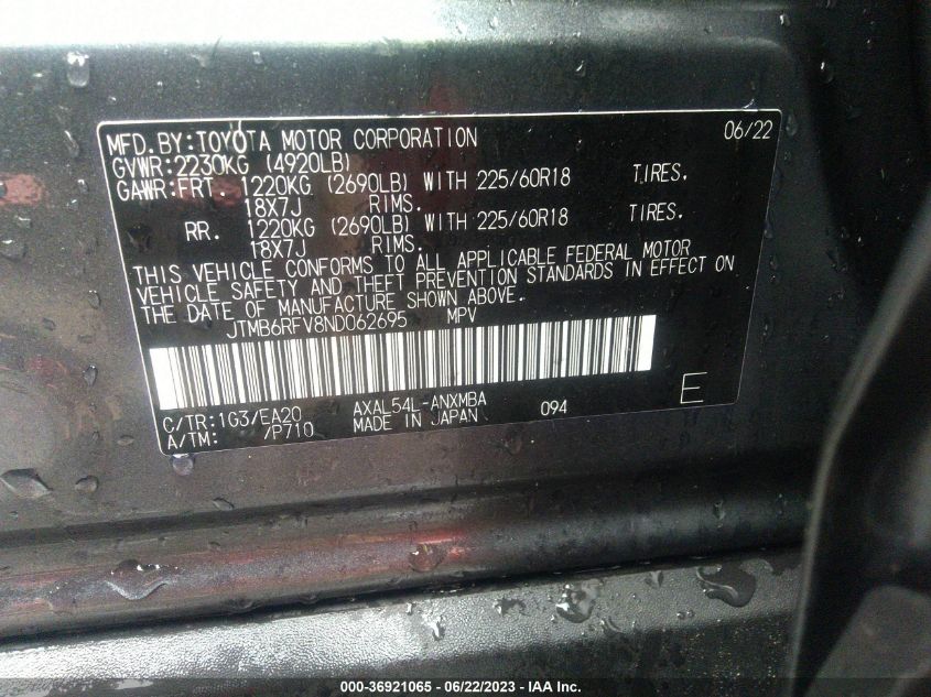 2022 Toyota Rav4 Xle Premium Hybrid VIN: JTMB6RFV8ND062695 Lot: 36921065