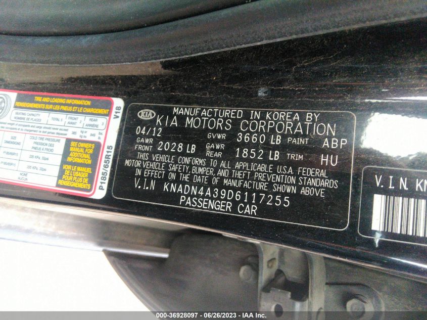 KNADN4A39D6117255 2013 Kia Rio Ex
