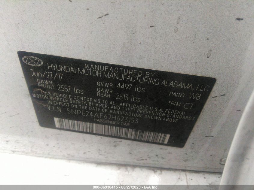 2018 Hyundai Sonata Se VIN: 5NPE24AF6JH623153 Lot: 36930415