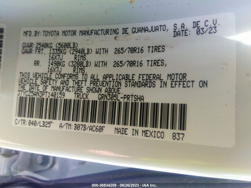 2023 Toyota Tacoma Trd Pro VIN: 3TYCZ5AN3PT140159 Lot: 36934259