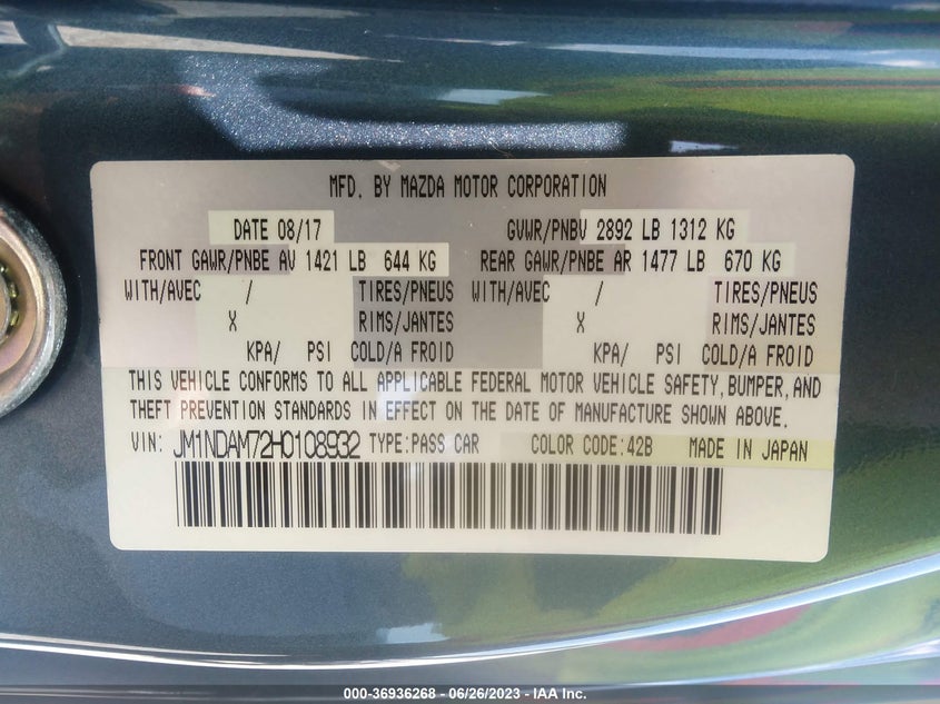 2017 MAZDA MX-5 MIATA RF GRAND TOURING JM1NDAM72H0108932