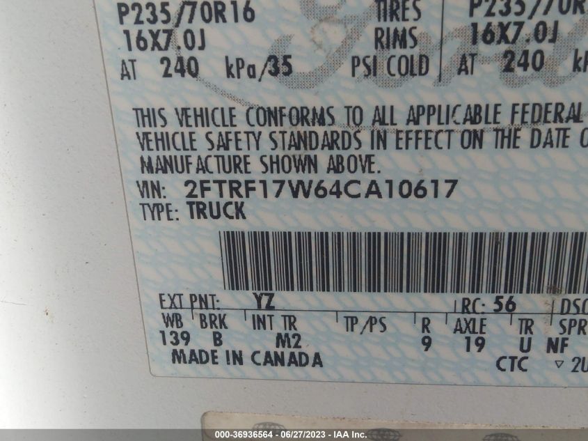 2004 Ford F-150 Heritage Xlt/Xl VIN: 2FTRF17W64CA10617 Lot: 36936564