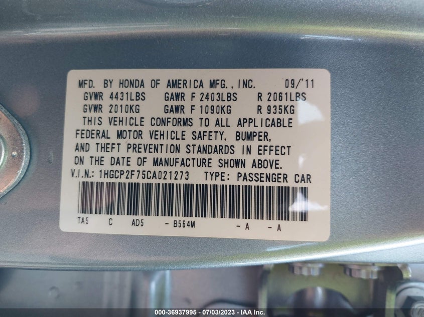 2012 HONDA ACCORD VIN: 1HGCP2F75CA021273