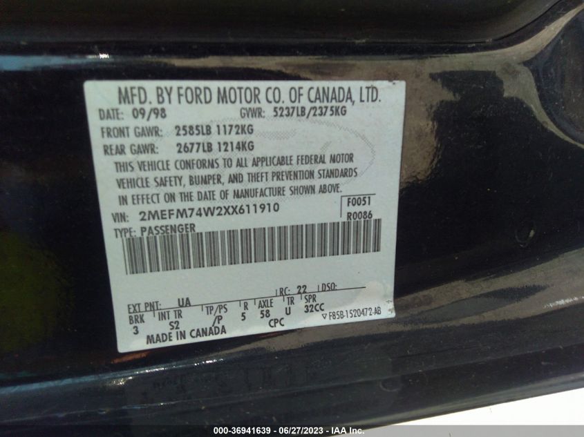 1999 Mercury Grand Marquis Gs VIN: 2MEFM74W2XX611910 Lot: 36941639