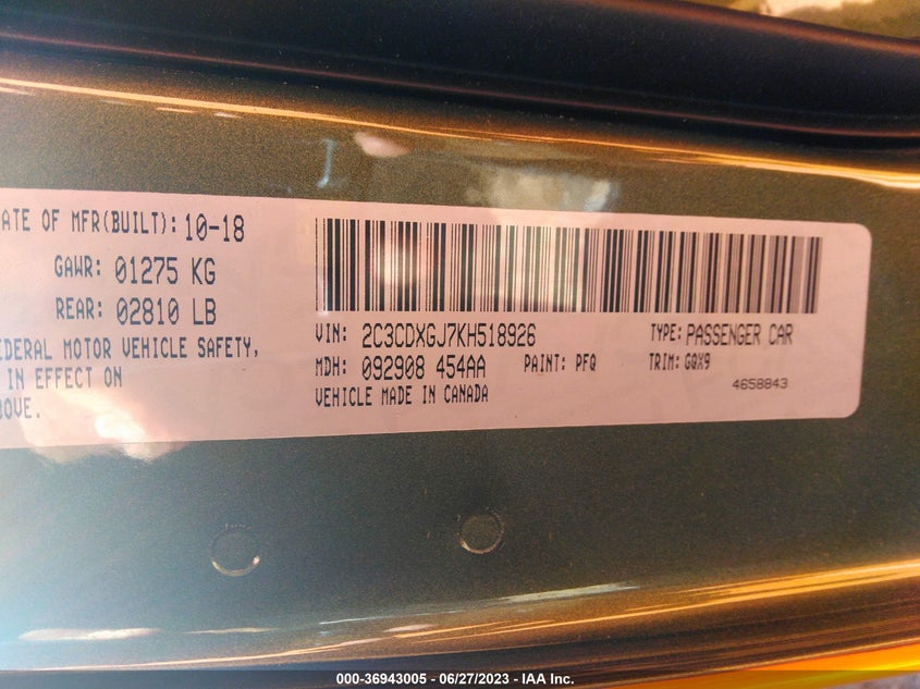 2019 Dodge Charger Scat Pack VIN: 2C3CDXGJ7KH518926 Lot: 36943005